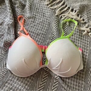Victorias Secret Bikini Swim Top Bra Underwire White Colorful Strappy Sz 36DD